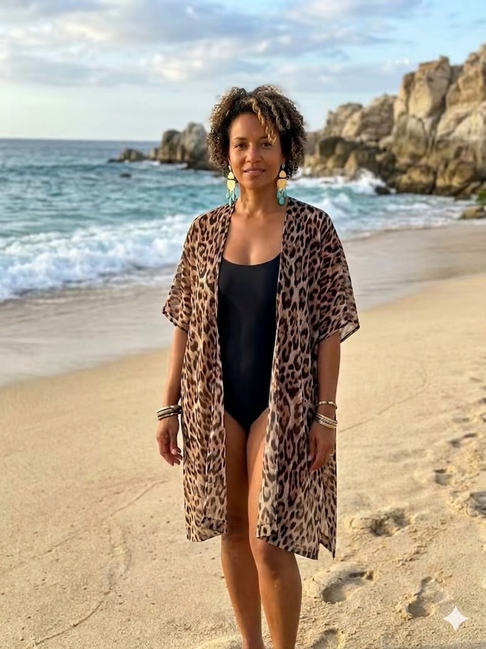 Leopard Print Beach Cover-Up Kimono - Brown